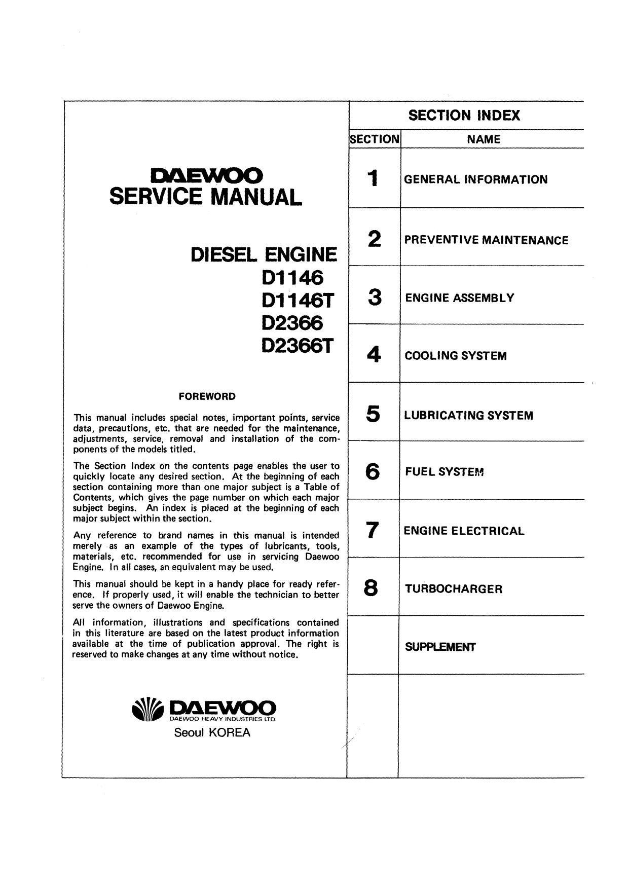 D1146 D1146T D2366 D2366T Engine Service Manual Daewoo Doosan